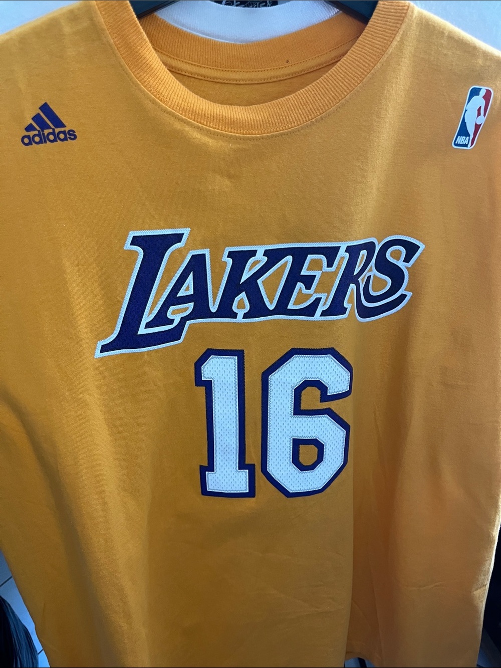 adidas LA Yellow Lakers Tee with Purple Logo & White Number 16 Gosol Fans